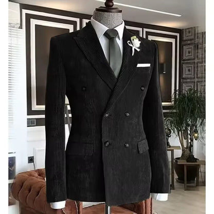 Men's Corduroy Suit 2 Piece – Double Breasted Slim Fit Blazer and Pants for Wedding, Business, and Formal Events
