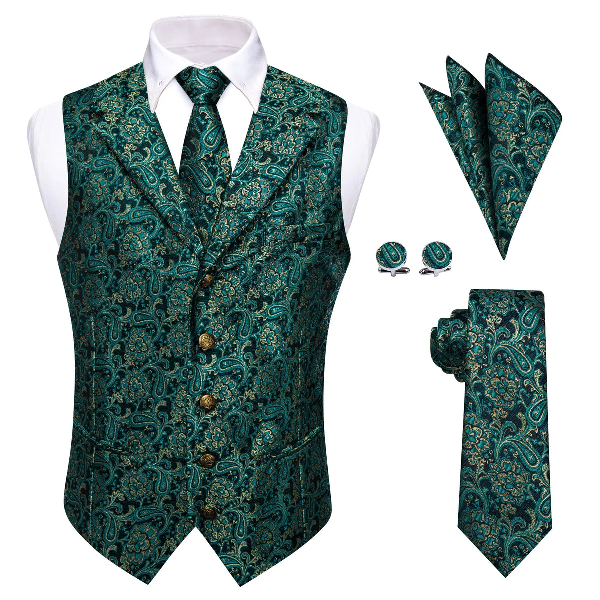 Men's Paisley Waistcoat with Matching Tie, Pocket Square and Cufflinks Set for Weddings and Business Events