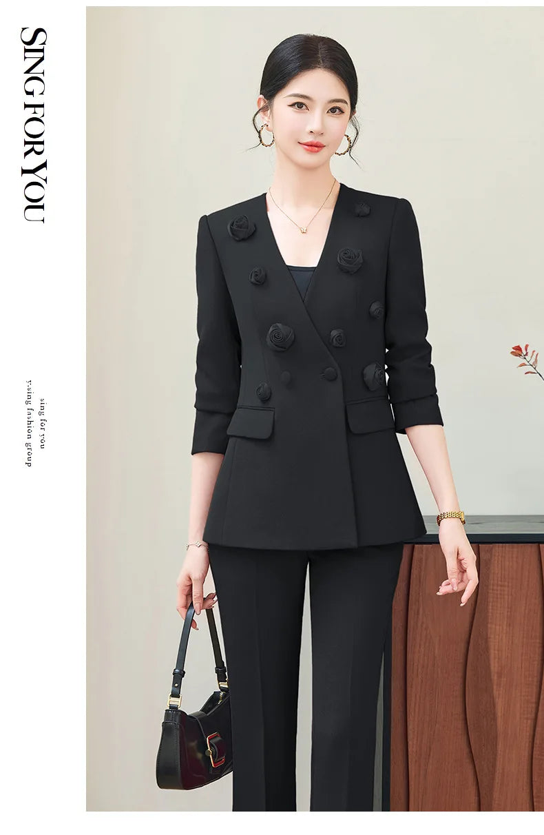 Spring Fashion Office Ladies Blazer and Pants Suit Formal Solid Color Women Jacket Trouser Women Business Work Wear 2 Piece Set