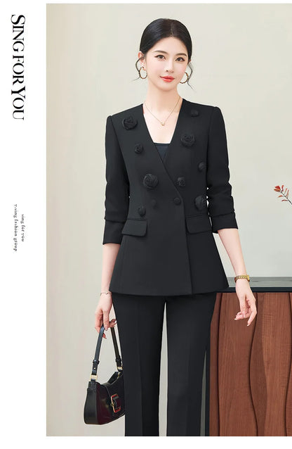 Spring Fashion Office Ladies Blazer and Pants Suit Formal Solid Color Women Jacket Trouser Women Business Work Wear 2 Piece Set