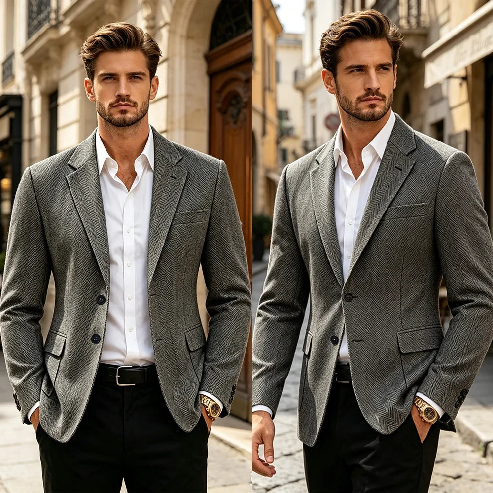 British Men's Blazer Vintage Herringbone Tweed Slim Fit Suit Jacket Wool Blend Formal Business Casual Sport Coat Wedding Office