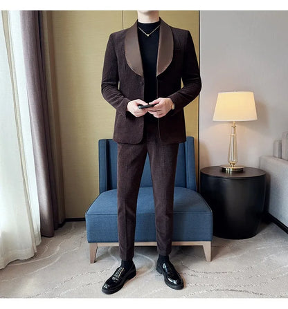 British Style PU Patchwork Suit for Men Casual Business Wedding Suits 2 Pieces Set (jacket+pant) Office Work Party Prom Suit