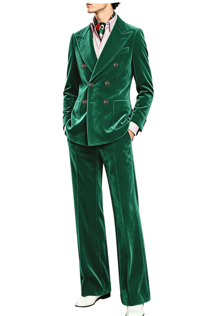 Men's Velvet Suit 2 Piece Double Breasted Peak Lapel Blazer & Straight Leg Pants for Formal & Wedding