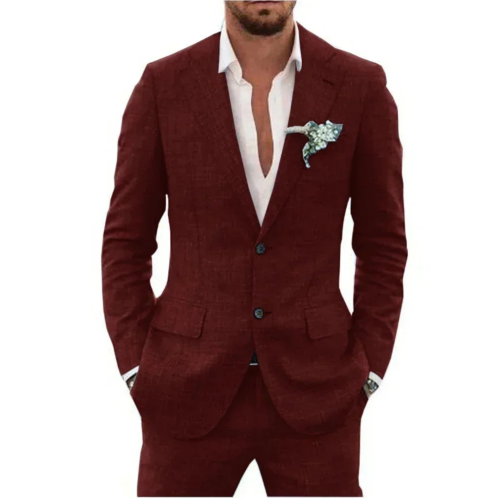 Terno de linho casual masculino, 2 peças, blazer, calça, conjunto slim fit, verão, praia, festa, casamento, baile, noivo, smokin