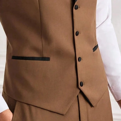 Men's Suit Vest – Single Breasted Brown Waistcoat with Black Lapel for Weddings & Formal Occasions