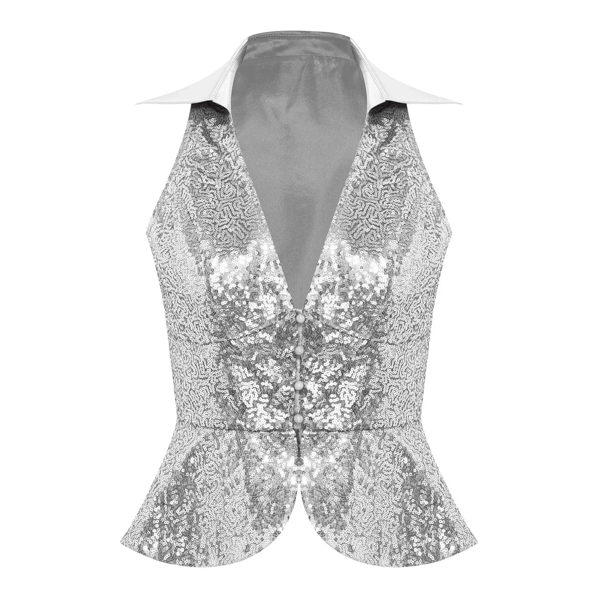Women Shiny Sequin Vest Lapel Sleeveless Glitter Suits Waistcoat Top Rave Music Festival Jazz Dance Party Banquet Night Clubwear