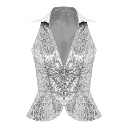 Women Shiny Sequin Vest Lapel Sleeveless Glitter Suits Waistcoat Top Rave Music Festival Jazz Dance Party Banquet Night Clubwear