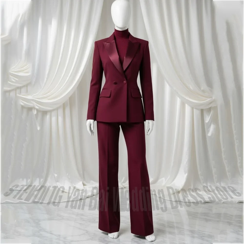 Burgundy Women's Suit Satin Lapel 2 Pieces Double Breasted Slim Blazer Solid Color Outfit For Wedding Business Office Formal