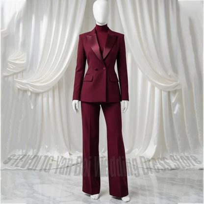Burgundy Women's Suit Satin Lapel 2 Pieces Double Breasted Slim Blazer Solid Color Outfit For Wedding Business Office Formal