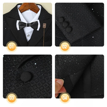 Flower Boys Wedding Suit Set Children's Piano Performance Costume Kids Blazer Vest Pants Bowtie Brooch 5Pieces Clothes Set