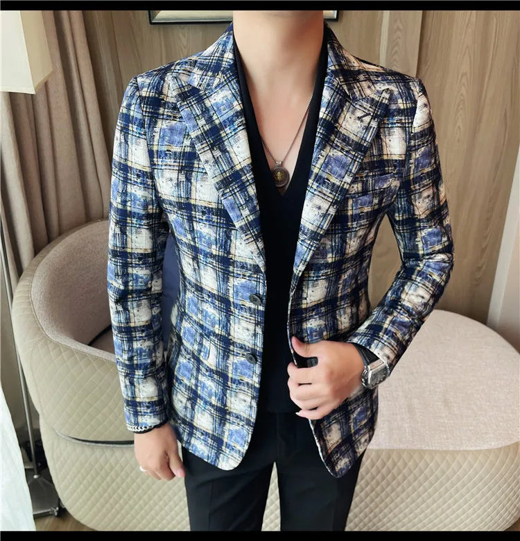 British Style Luxury Plaid Suit Jacket 2025 Autumn New Men High-end Business Slim Blazers Groom Wedding Social Party Dress Coats