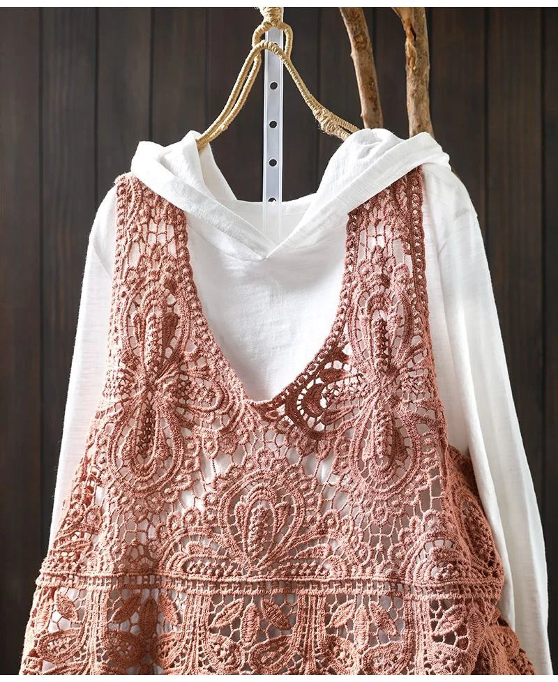 Summer Femme Lace Cotton Lined Vest Spring Women Fashion Knitted Crochet Sleeveless French Lady Hollow-out Sweater Waistcoat Top