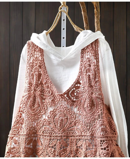 Summer Femme Lace Cotton Lined Vest Spring Women Fashion Knitted Crochet Sleeveless French Lady Hollow-out Sweater Waistcoat Top