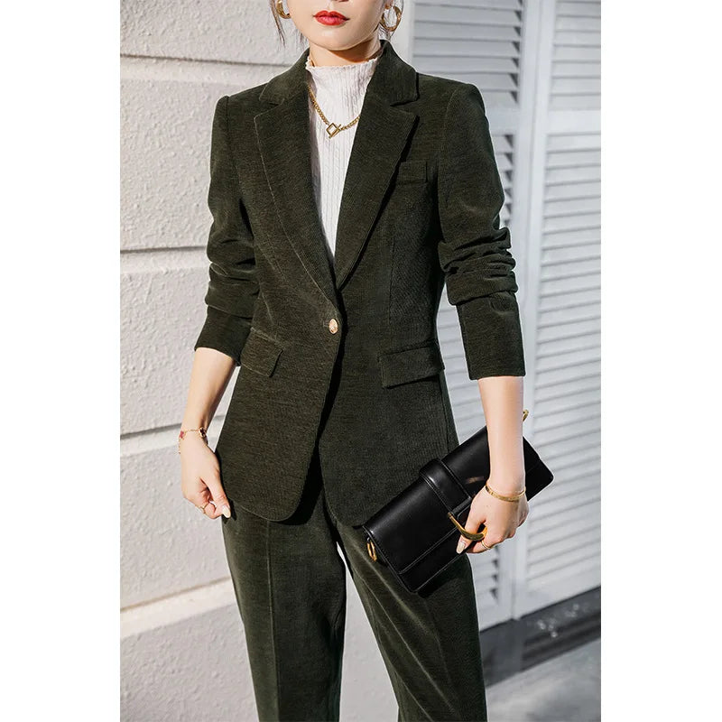 High Quality Fabric Corduroy Formal Women Business Suits OL Styles Professional Pantsuits Office Work Wear Autumn Winter Blazers