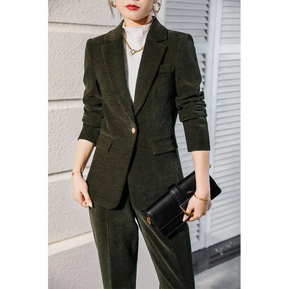 High Quality Fabric Corduroy Formal Women Business Suits OL Styles Professional Pantsuits Office Work Wear Autumn Winter Blazers