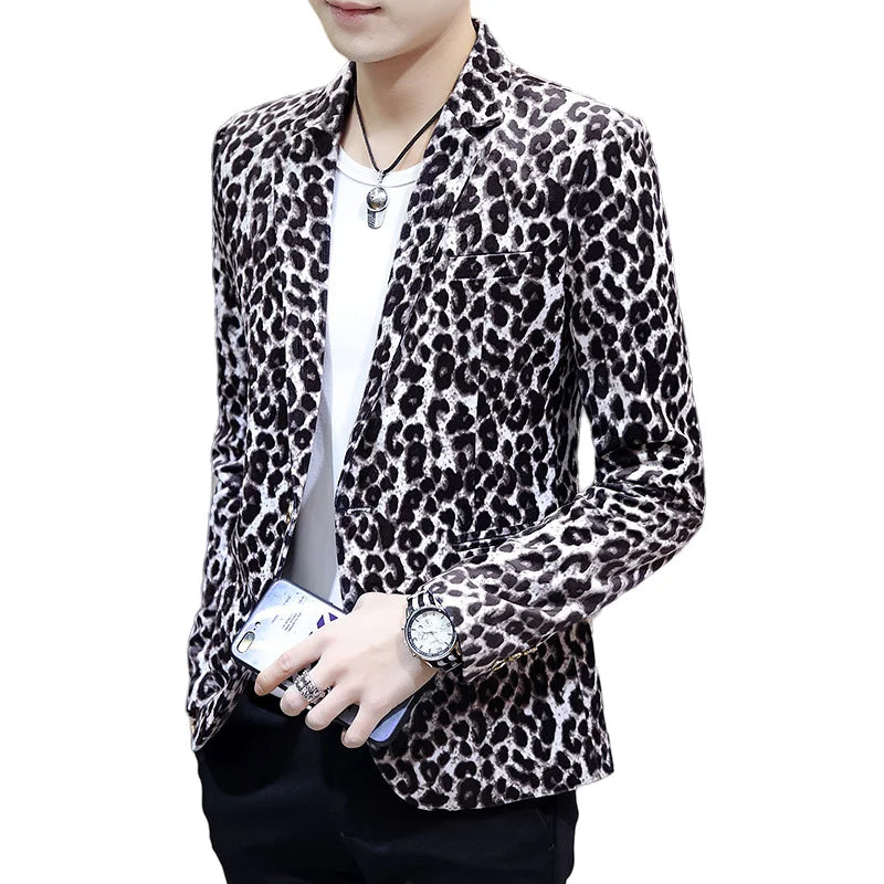 Blazer New Men's Fashion Business Gentleman Wedding British Style Banquet Leopard Print Luxe Handsome Outdoor Casual Blazer