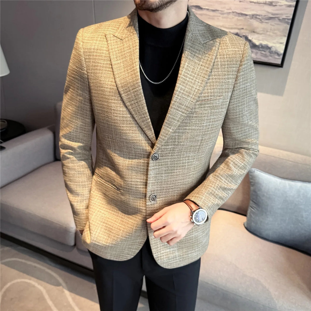 Men's Smart Casual Blazer – Vintage Coin Check Pattern – Brown & White Grey – Shopping & Office Wear
