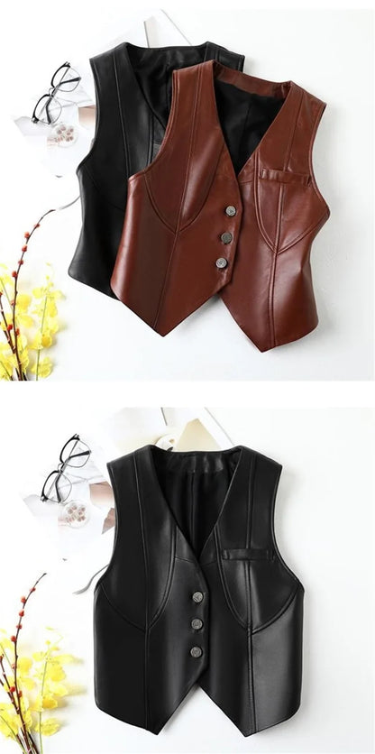 2024 New Spring Women's Casual V-neck Button Imitation Leather Fine Cut Black Vest Female Waistcoat Sleeveless Jacket