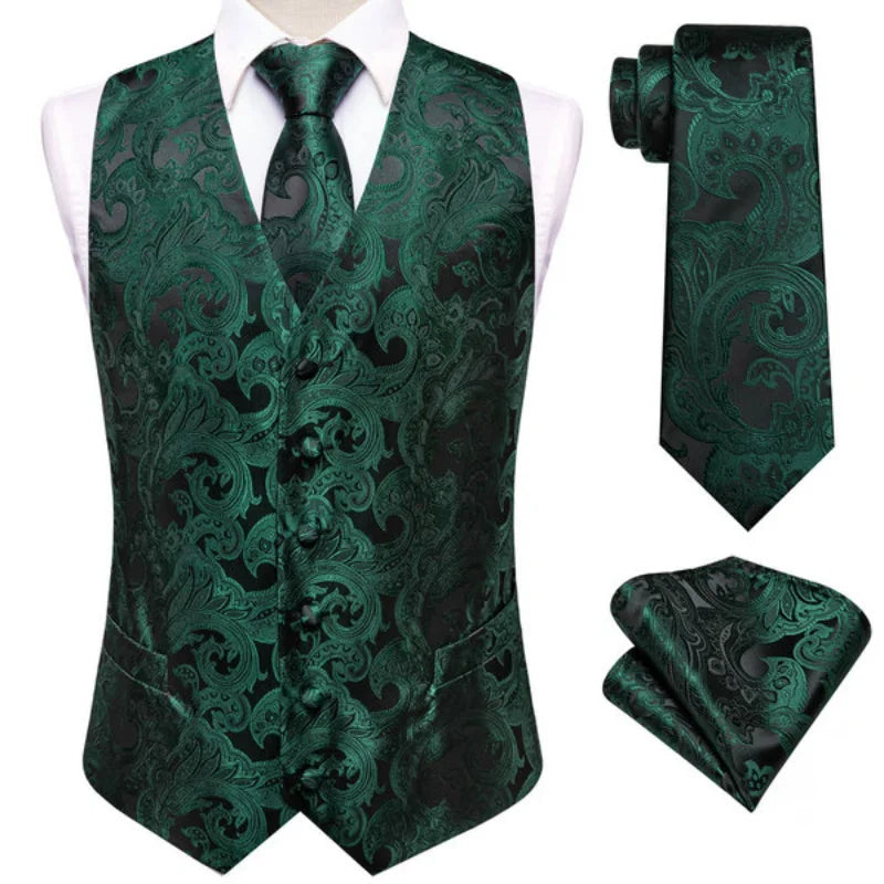 Men's Double Breasted Paisley Jacquard Waistcoat Set with Necktie & Pocket Square for Weddings and Tuxedo