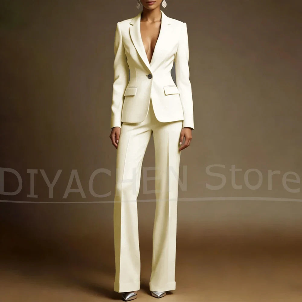 Women's White Suit Set Slim Fit Two Piece Jacket and Wide Leg Pants Office Casual Formal Occasions Elegant Female Outfit