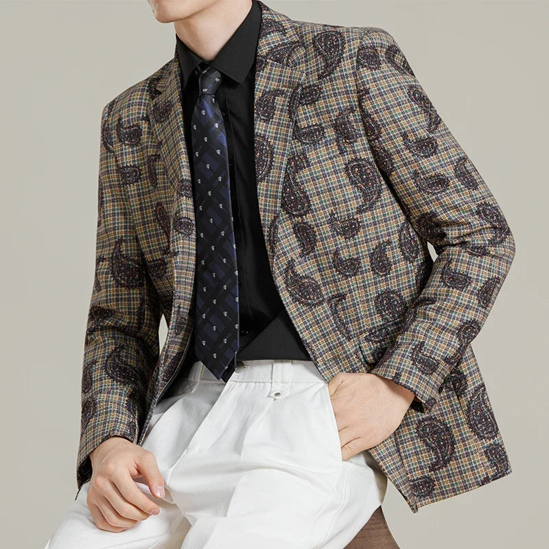 Autumn Winter Cashew Plaid Suit Jacket Men Fashion Casual Embroidered Jacquard Suit Jackets Business Social Party Men Blazers