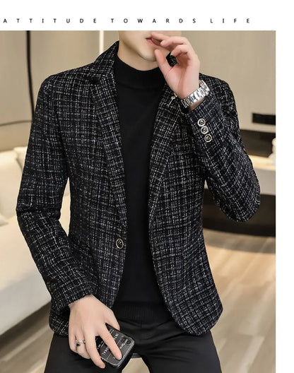 Korean Fashion Woven Suit Jacket for Men Autumn Slim Fit Casual Men Blazers Street Wear Social Business Dress Coats Men Clothing