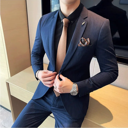 7XL 6XL(Jacket+Pant）Fashion Striped Men Slim Fit Suit Groom Wedding Tuxedo Formal Business Party Slim Fit Social Stage Costume