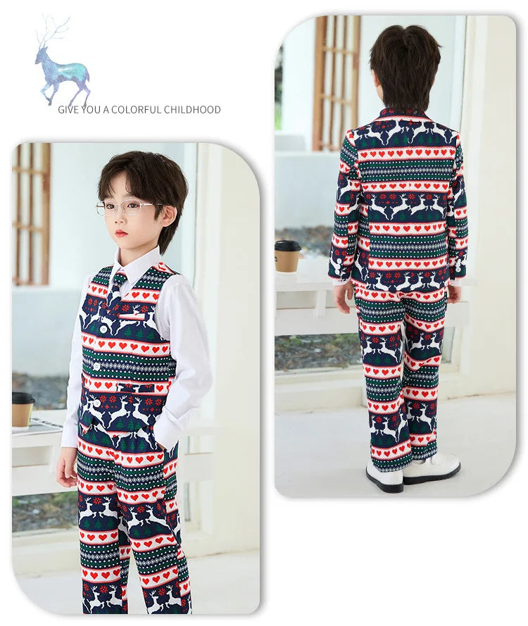 Boys Christmas Blazer Jacket Waistcoat Pants Wedding Suits Kids Morning Coat Formal Dress Children Tuxedos Toddler Clothes Sets