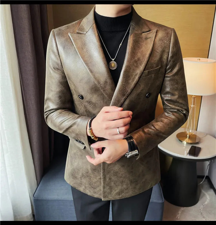 Retro Double Breasted Leather Jacket Mens High-end Fashion Slim Fit business Casual Suit Coat Formal Social Party Prom Tuxedos