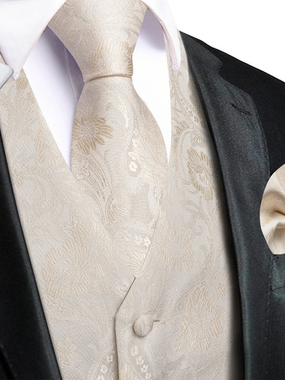 Men's Luxury Pink Jacquard Floral Vest Set – Formal Wedding & Prom Waistcoat with Tie, Bowtie & Pocket Square