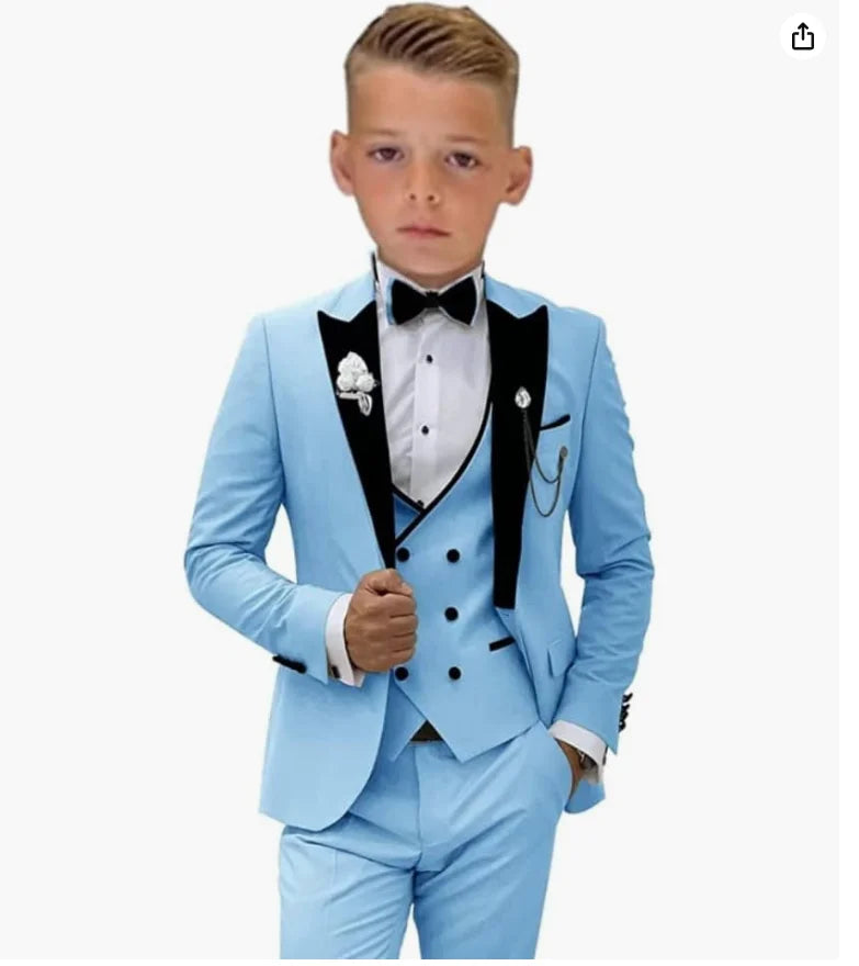 Beige Boys Suit Jacket Vest Pants Set Peaked Lapel Blazer Wedding Tuxedos for Kids Party Stage Dress Child Formal Suit
