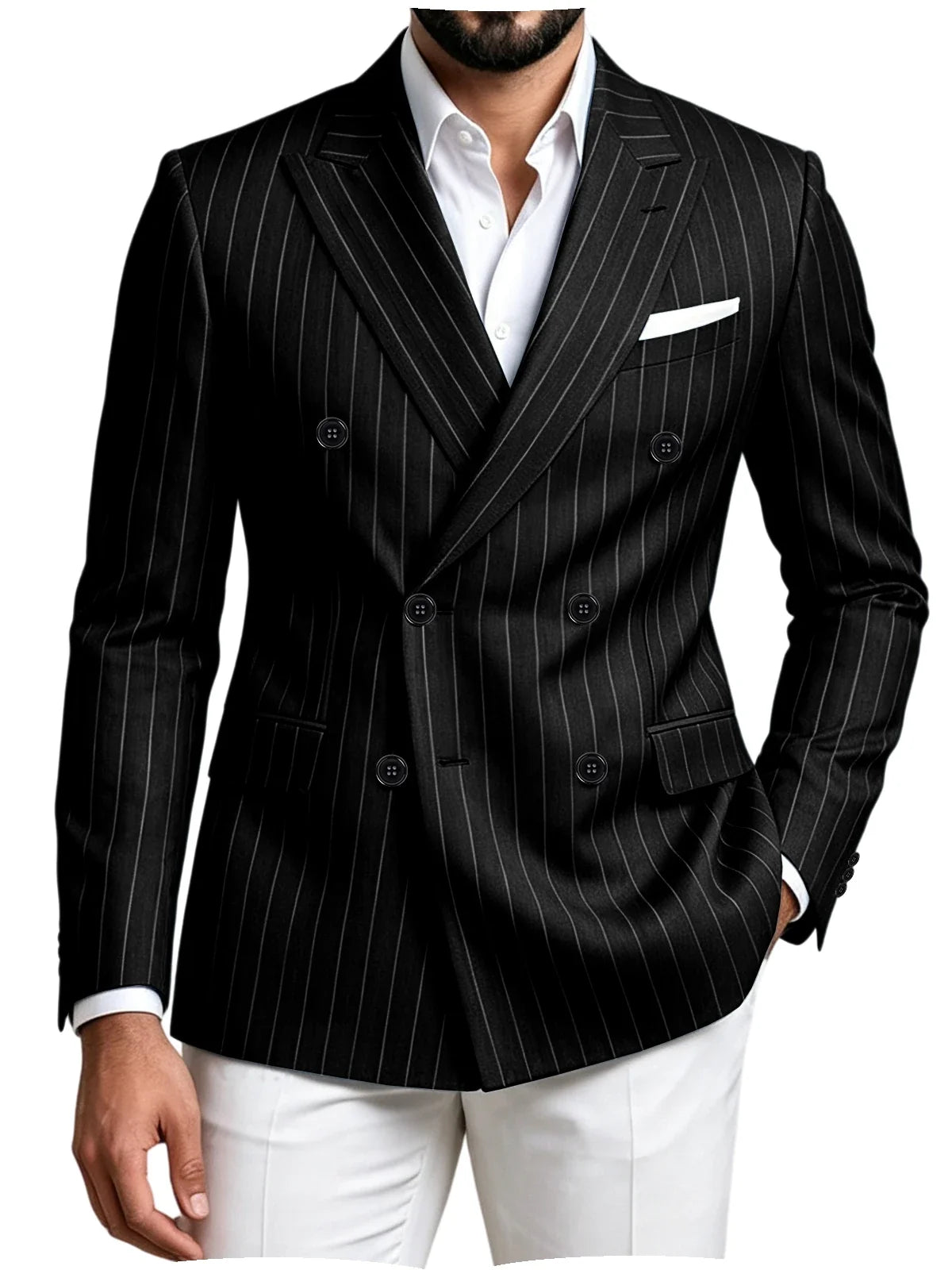 Men Striped Double Breasted Suit Jacket Notch Lapel Business Slim Fit Formal Blazer Elegant Lightweight Dress Coat For Prom Work