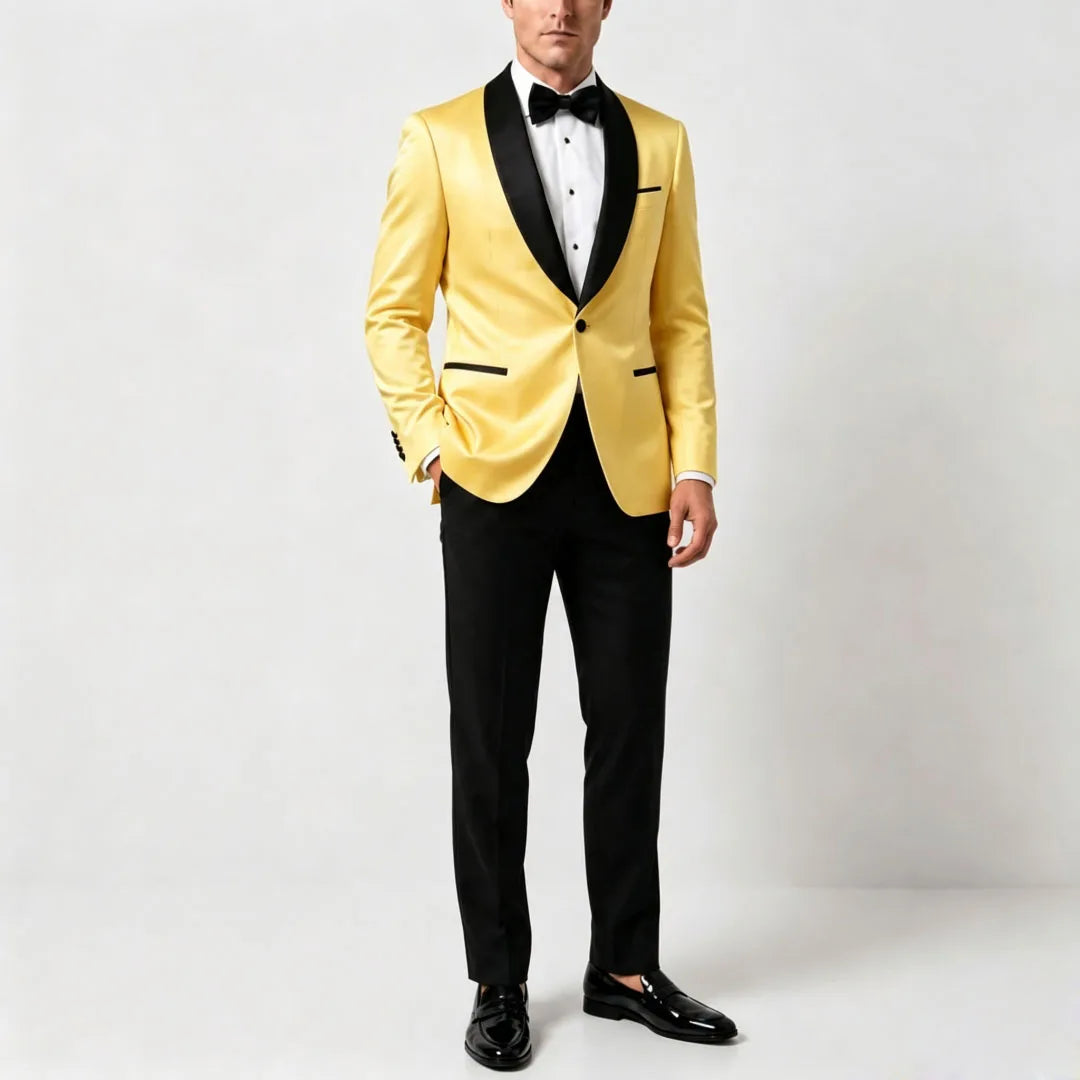 Men Suit Yellow Black 2 Pieces Lapel Single Breasted For Wedding Groom Birthday Banquet Party Business Work Office Jacket Pants