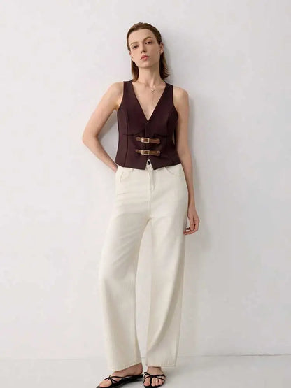 Women's V Neck Solid Color Vest Top with Belted,Sleeveless Waistcoat for Summer