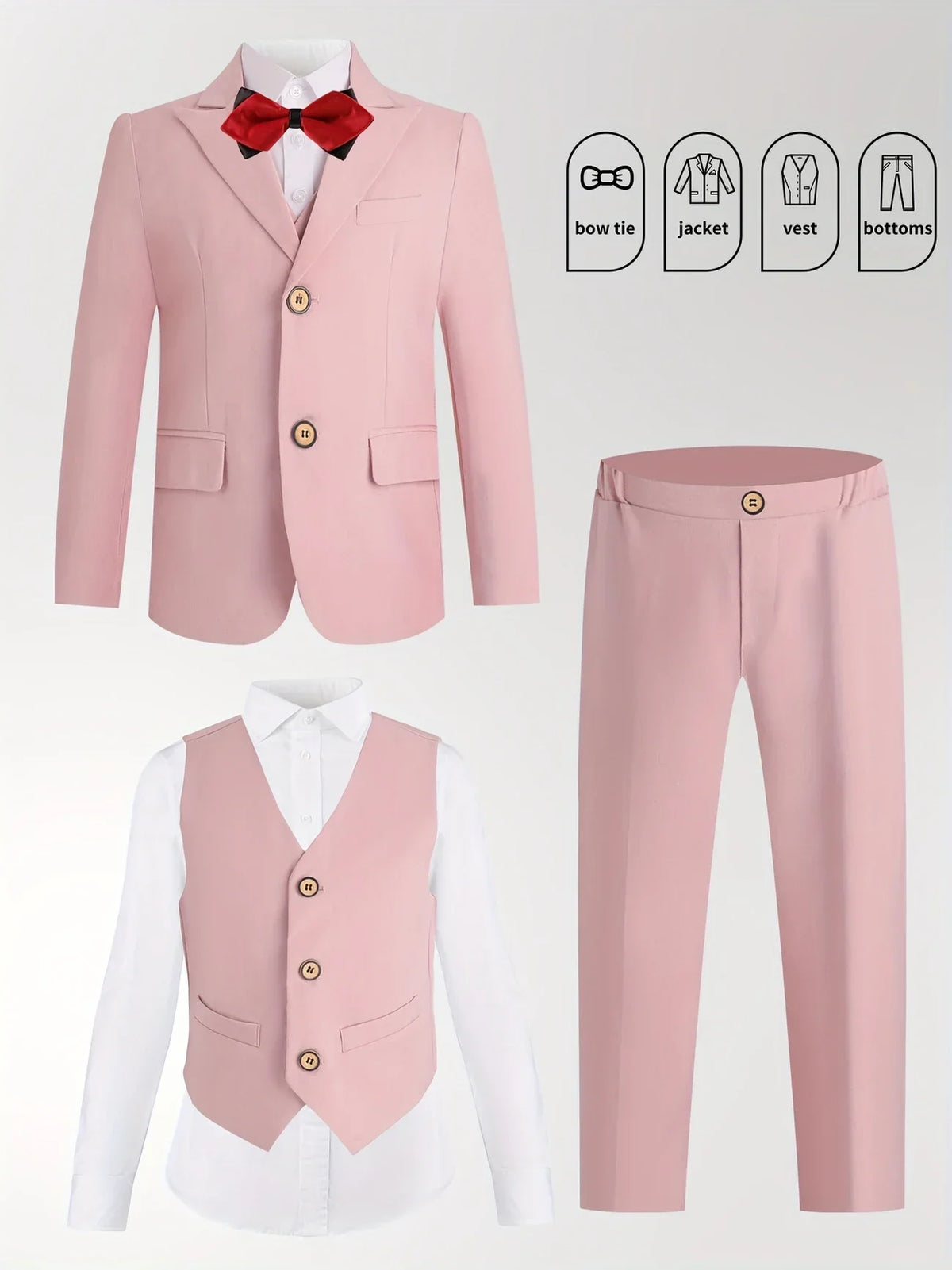 Boys Pink Spring 4Pieces/Set Blazer Vest Pants Bowtie Wedding Dress Kids Formal Photography Suit Children Performance Costume