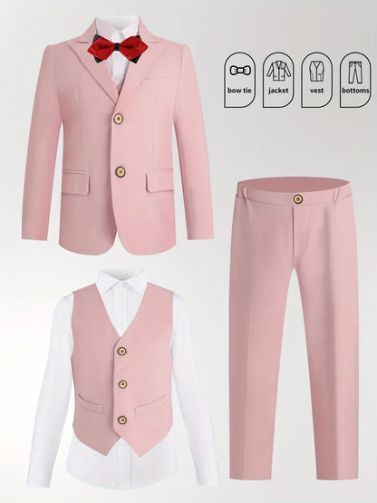 Boys Pink Spring 4Pieces/Set Blazer Vest Pants Bowtie Wedding Dress Kids Formal Photography Suit Children Performance Costume