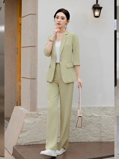 Office Pant Suits for Women Three Quarter Streetwear Casual Two Piece Set 2024 New Spring Summer Single Button Solid Pant Suits
