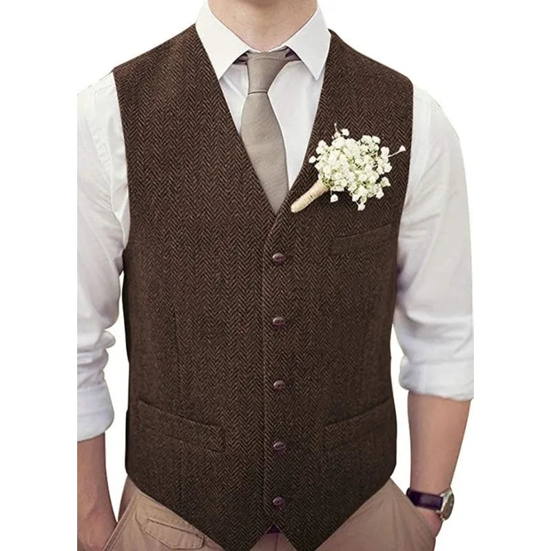 Men's Vest Herringbone V-Neck Single Button Waistcoat for Wedding, Business & Casual Wear