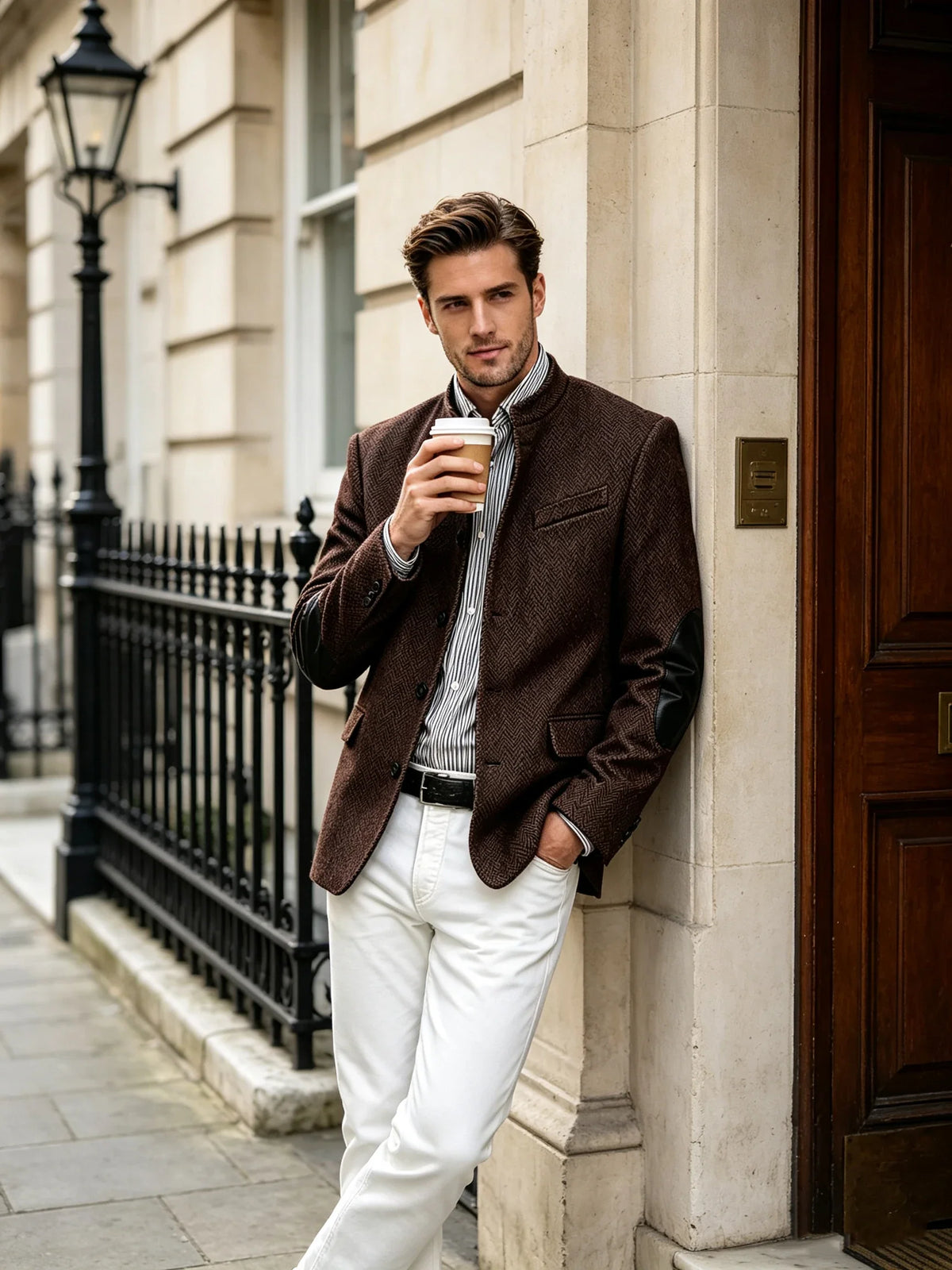 Vintage Men's Mandarin Collar Herringbone Tweed Blazer with Leather Elbow Patch Wool Blend Business Casual Slim Fit Suit Jackets