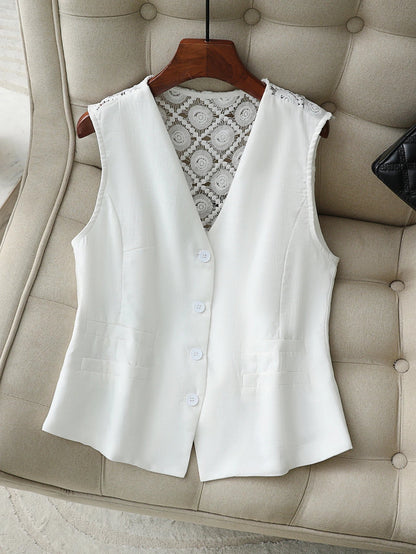 Women’s Summer Button Vest with Crochet Lace Back — Breathable, Linen-Style Texture, Deep V-Neck, Casual to Office Layer