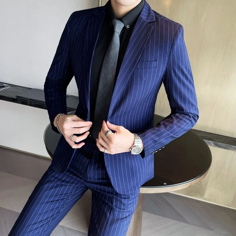 Men's Fashion High-Quality Slim Fit Two-Piece Suit Set Spring Autumn Stripes Business Casual Trousers And Jacket Combo