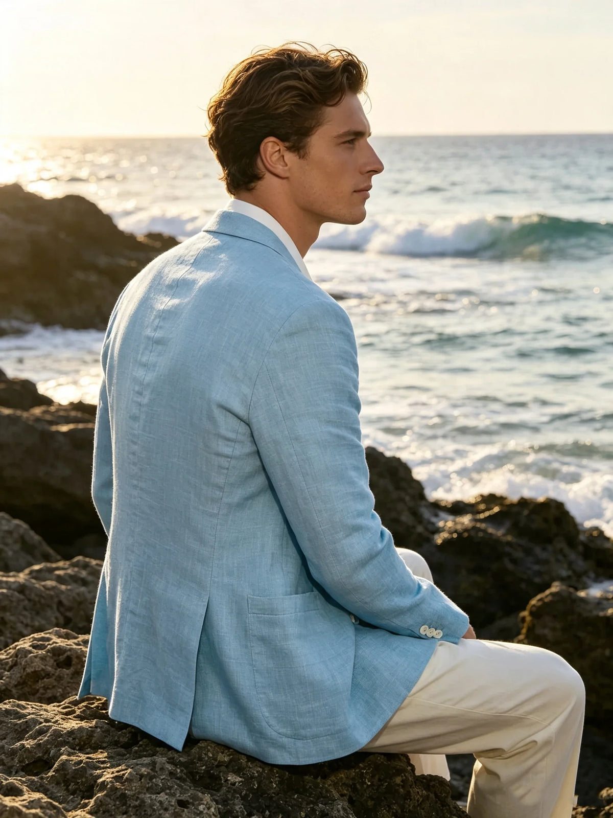 Summer Cotton Linen Blend Men Blazer Double Breasted Casual Suit Jacket Lightweight Soft Elegant Dress Coat For Prom Work Party