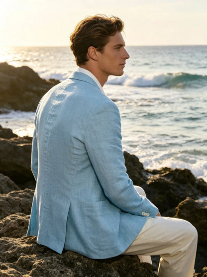 Summer Cotton Linen Blend Men Blazer Double Breasted Casual Suit Jacket Lightweight Soft Elegant Dress Coat For Prom Work Party