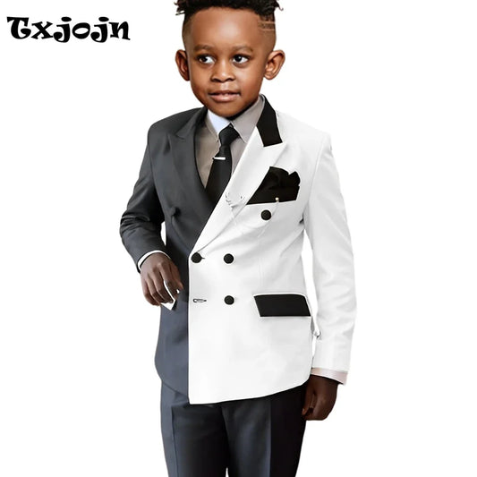 Fashionable Colour-blocked Boys Suits 2 Pieces Piano Performance Wear,Double Breasted Kids Tuxedo Sets Wedding Party Outfit