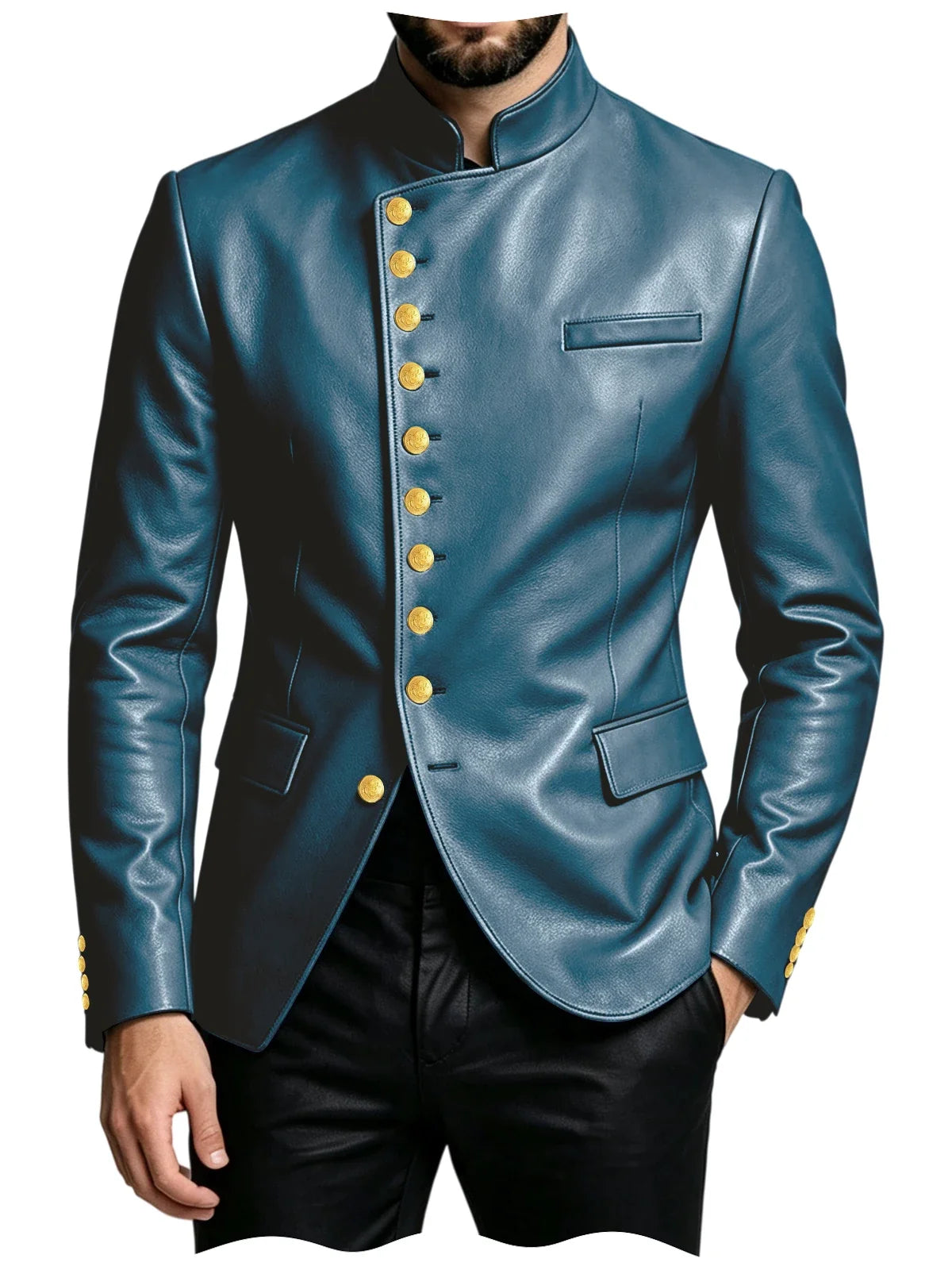 Luxury PU Men's Suit Blazer Single Breasted Stand Collar Slim Fit Leather Jacket Vintage High Quality Business Party Male Tuxedo