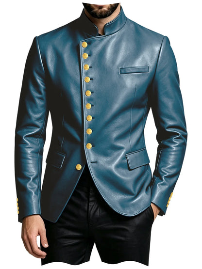 Luxury PU Men's Suit Blazer Single Breasted Stand Collar Slim Fit Leather Jacket Vintage High Quality Business Party Male Tuxedo