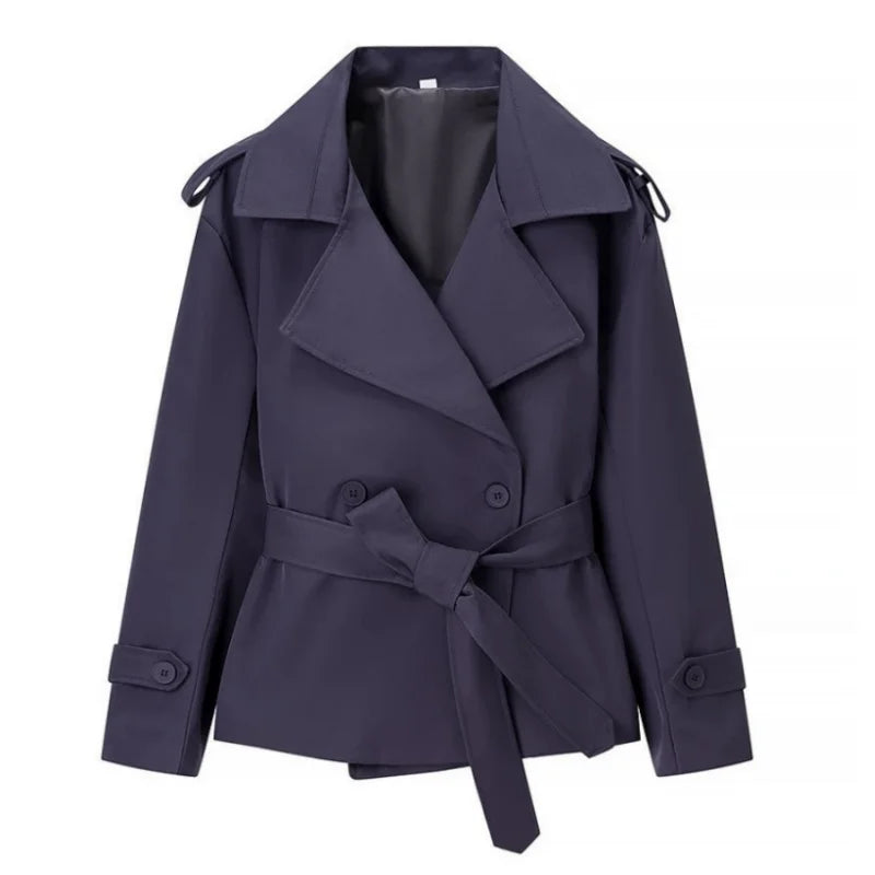 Solid Lapel Lace Up Jacket Elegant Chic Full Sleeve Button Loose Long Coat Women Office Lady Daily Commute Overcoat Windbreaker