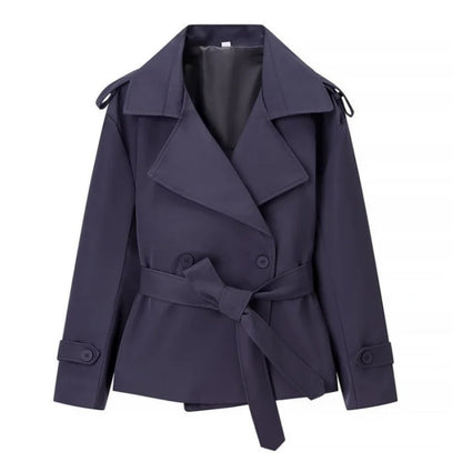 Solid Lapel Lace Up Jacket Elegant Chic Full Sleeve Button Loose Long Coat Women Office Lady Daily Commute Overcoat Windbreaker