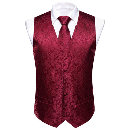 Men's Vest Accessory Kit – Burgundy Paisley V-Neck with Tie, Pocket Square, Cufflinks & Ring for Wedding & Banquet