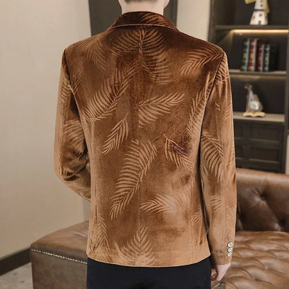 Blazer Men's Fashion Business Gentleman Groom Professional Gentleman Casual Velvet Bamboo Leaf Flower Dress High-end Blazer